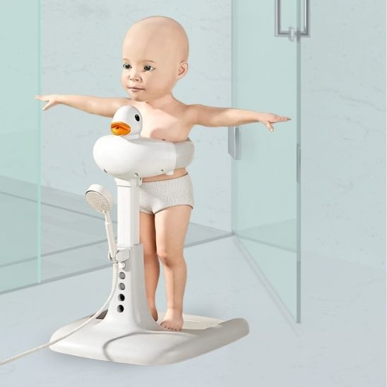 Baignoire bebe douche montrant son soutien enveloppant sur un mannequin bébé