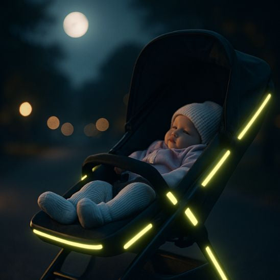 Bébé dans une poussette armée avec des autocollants anti-Collision Réfléchissants jaune