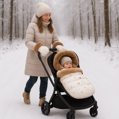 Maman promenant son bebe en hiver sous la neige avec chanceliere bebe chaude