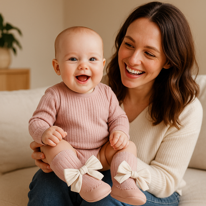 Maman assise en portant son bébé heureux porte cette Chaussette antidérapante | Style coréen à nœud papillon de couleur rose