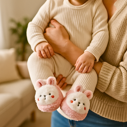 Chausson bebe fille rose motif animal mignon dans les bras de son papa