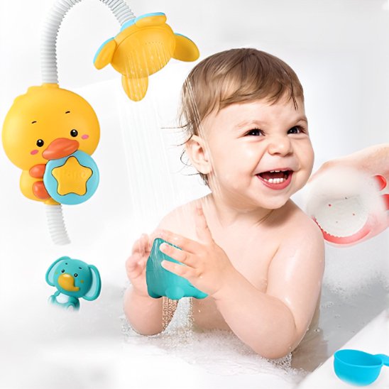 Moment complice parent-enfant grâce à la douchette caneton, jouet de bain innovant