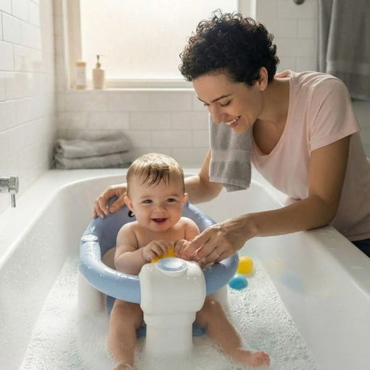 Siège de bain bébé ergonomique avec bébé bien installé et souriant dans la baignoire