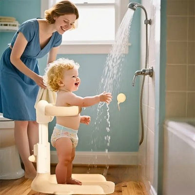 L'enfant souriant dans sa douche et sa maman fière de lui