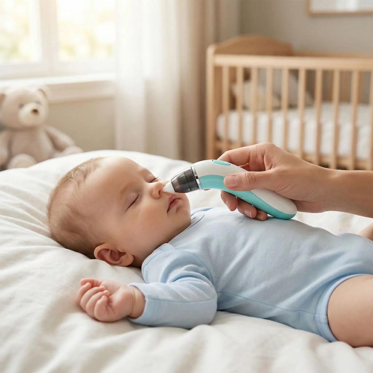 Ce bébé dort avec les narines bouchées et sa maman utilise ce mouche-bébé sans le déranger, pour aspirer en douceur sans qu’il se réveille.