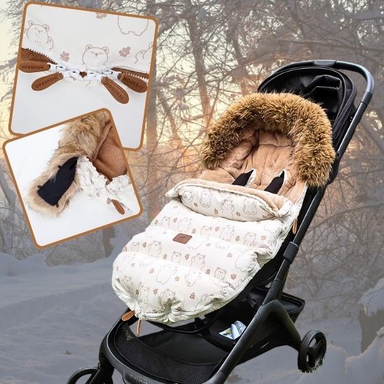 Poussette equipee d’une chanceliere bebe en pleine neige avec double fermeture et fourrure de tete detachable pour le confort
