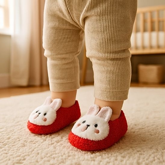 Bébé debout portant des chaussons bebe rouges souples pour premiers pas