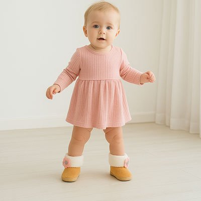 Bébé portant une chaussure bebe moutard, marche à l’intérieur, chaussures souples, confortables.