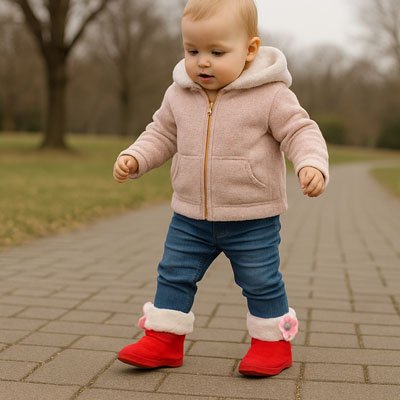 Bébé portant une chaussure bebe rouge avec pompons, marche à l’extérieur en automne,