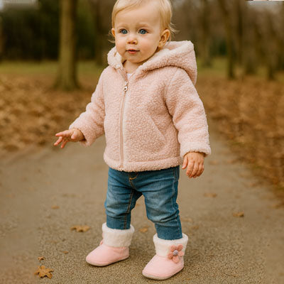 Bébé porte des chaussures bébé souples roses à l'exterieur tout chaud
