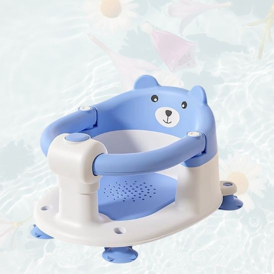 Siège de bain bébé de couleur bleu avec assise sécurisée et anneau de protection pour un bain sans inquiétude