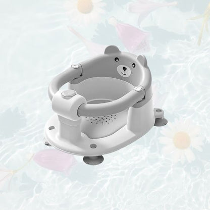 Siège de bain bébé de couleur grise avec assise sécurisée et anneau de protection pour un bain sans inquiétude