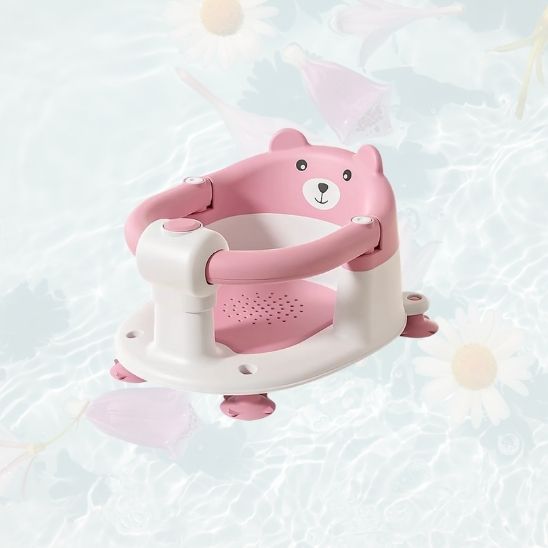 Siège de bain bébé de couleur rose avec assise sécurisée et anneau de protection pour un bain sans inquiétude
