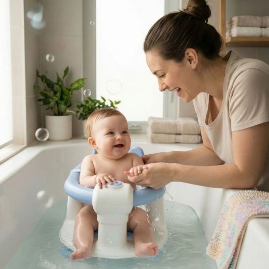 Siège de bain bébé offrant les mains libres pour un moment complice entre maman et bébé