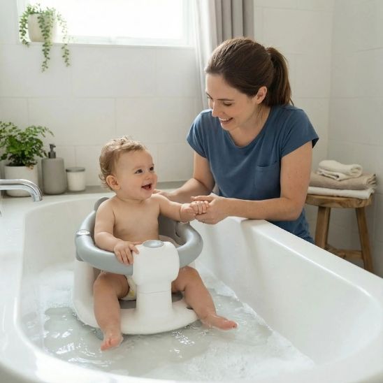 Siège de bain bébé sécurisé permettant à la maman de laver bébé en toute sérénité